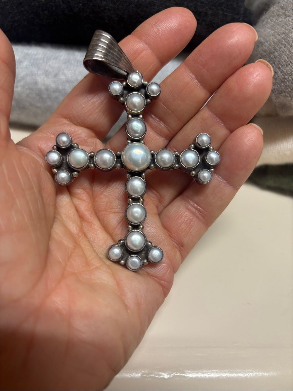 Sterling Silver Cross Pendant with Pearl Cabochons by Dan Dodson - Picture 4 of 4